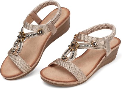 صندل SHIBEVER نسائي بكعب منخفض مزين بالزهور، صندل أنيق بحزام كاحل مرن، حذاء صيفي مريح مرصع بأحجار الراين