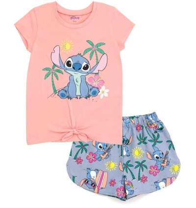 طقم ملابس ديزني - تي شيرت مزين بالزهور وشورت شامبراي - مقاسات من الرضع إلى الكبار (١٢ شهرًا - ١٤-١٦ شهرًا)