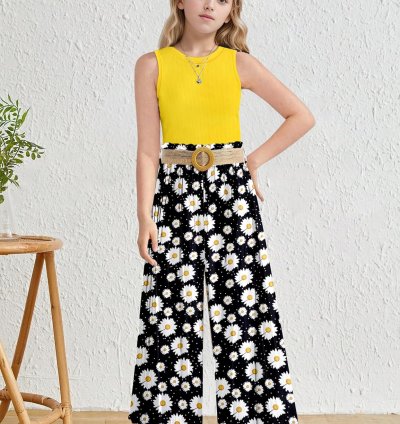 ملابس بنات من عمر 6 إلى 16 سنة ملابس أطفال بناتي قمصان داخلية قصيرة مضلعة + بنطلونات واسعة الساق مطوية ملابس صيفية للبنات مكونة من قطعتين