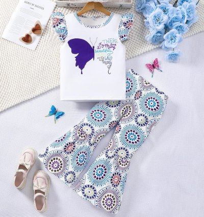 طقم بناتي مكون من قطعتين بأكمام مكشكشة وبنطلون واسع للربيع والصيف وأكمام قصيرة من 4 إلى 12 سنة